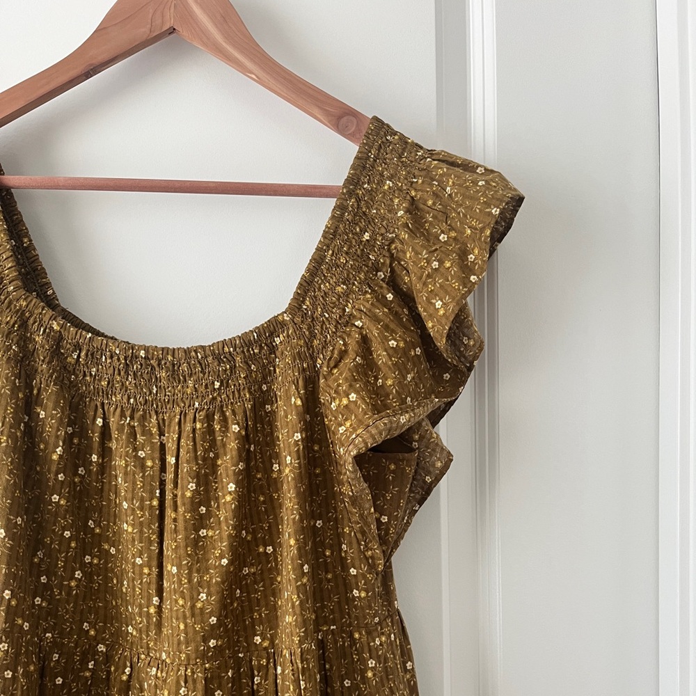 Madewell Ruffle Sleeve Tiered Midi Dress Medium Daisy Stitch Olive